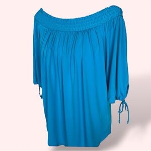 Ellen Tracy Turquoise Blue Smocked Neckline Keyhole Tie Sleeve Top Size Medium